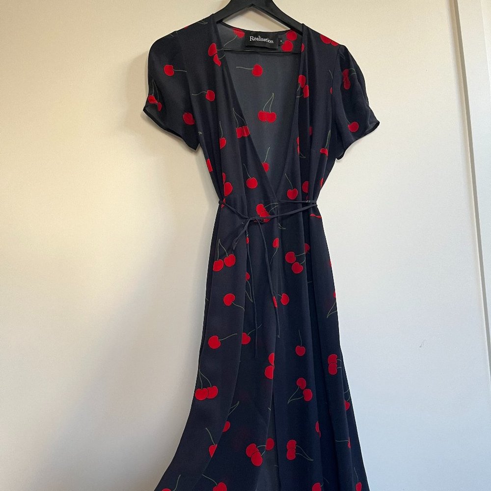 Realisation Par Teale Silk Wrap Dress Cherry Print A-Line Size M